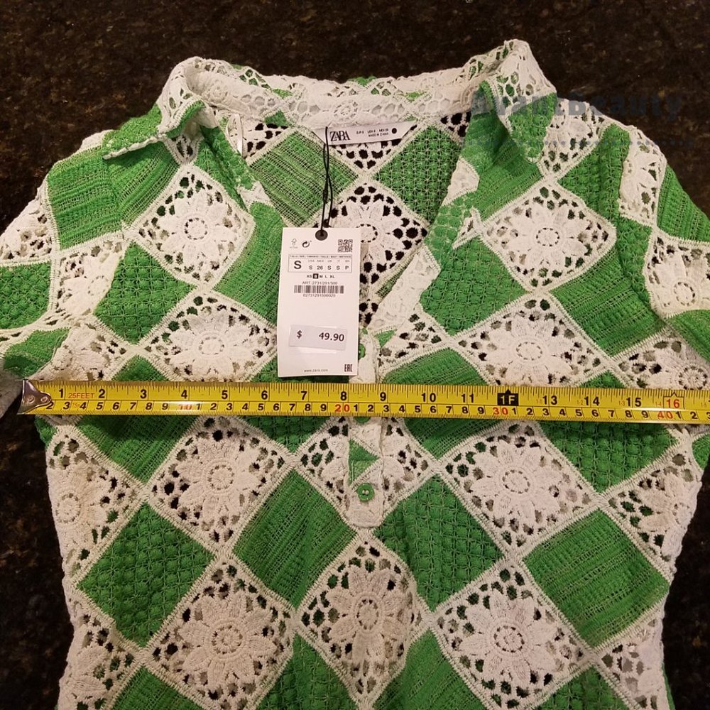 ZARA GREEN CROCHETED TOP SIZE S 2731/291 WHITE SIZE SMALL NWT LONG SLEEVE - Picture 8 of 9